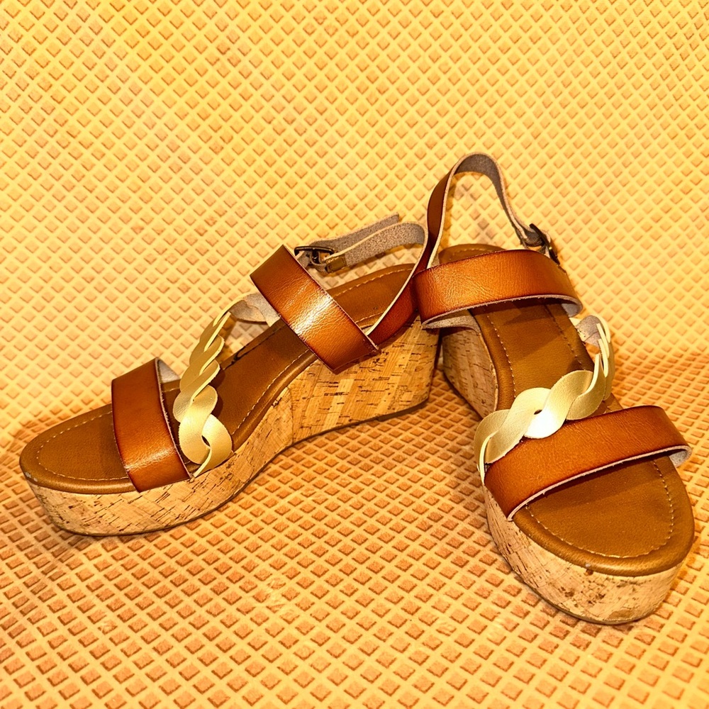 Nicole Brand “Debbie" Brown Cork Wedge Sandals with Braided Gold Strap